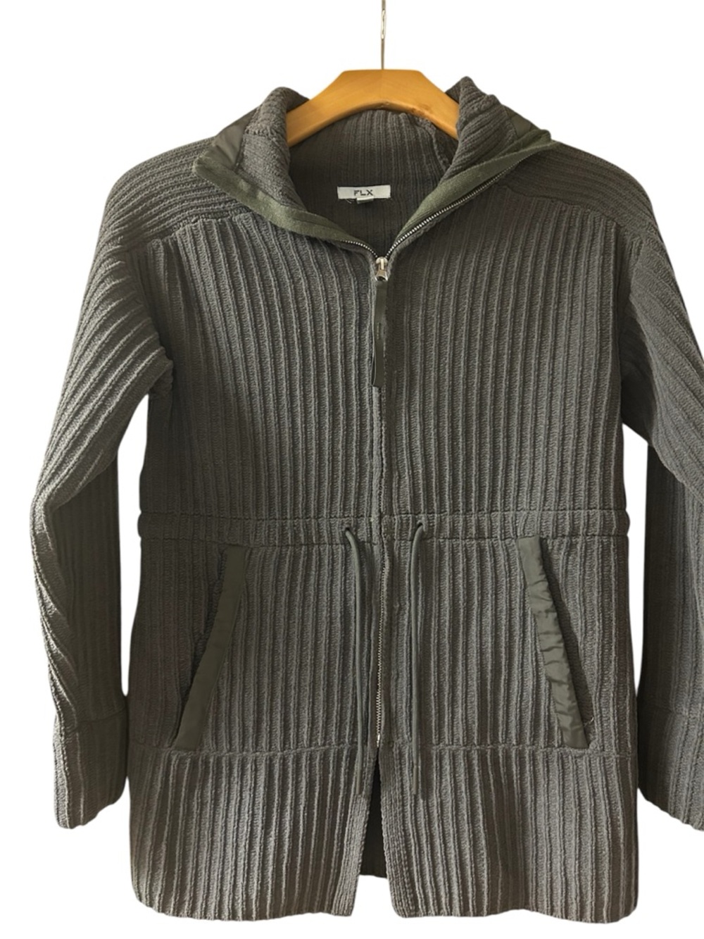 Women’s FLX Ribbed Hooded Zip Sweater Jacket in Olive Green